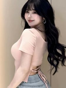 Slimming Short Sleeve T-Shirt Womens Pure Desire Square Collar Design Backless Belted Belly Covering Summer Casual Top