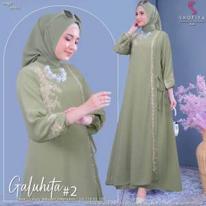Gamis  Bordir 2 Layer Terbaru Galuhita By Shofiya Bahan Ceruty Babydoll Full Puring Higet Aplikasi Bordir Mewah