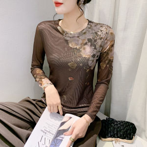 Yimei Áo sơ mi mặc trong lưới in hình cho dài tay nữ áo thun áo co giãn thời trang và thời trang cao cấp mới mùa thu