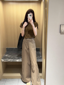 Quần Ống Rộng Màu Kaki Cạp Cao Thường Ngày Cho Nữ Dáng Dài 180cm Quần Ống Rộng Dài Đến Sàn Phong Cách Mỹ