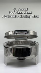 6L Round Chafing Dish with Glass Lid – Silent Hydraulic Closing Water Heated Stainless Steel