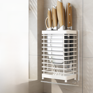 Stainless Steel Kitchen Storage Rack Wall Mounted Knife Holder Home Use Utensils Chopsticks Bucket Integrated Storage Shelf