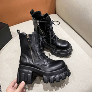 Giày Bốt Martin Đế Dày Đế Cao Gót Cho Nữ Mùa Thu Đông Mới Có Lót Lông Cừu Dây Buộc Gót Cao Giày Bốt Ngắn