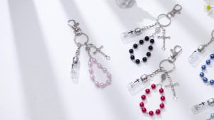 Holy Water Rosary Keychain with Small Glass Bottle Vial Crucifix and Eyedropper for Catholic Christian Gifts (Blue)