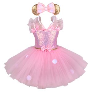 Sweet Pink Polka Dot Tulle Dress for Girls Short-Sleeve Princess GownKids Clothing for HalloweenBirthday Parties and Festive