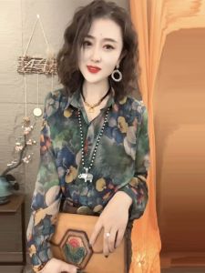 Fashionable Silk Linen Loose Casual Thin Shirt Spring Autumn Anti-Aging Long Sleeve Womens Commute Style Printed Polo Neck Top