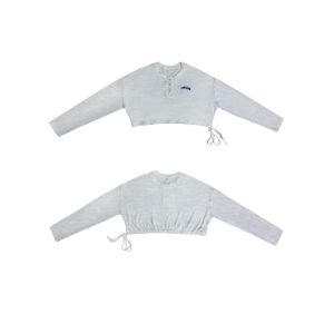 Street Style Jazz Long Sleeve Womens Loose Fit Cotton T-Shirt Drawstring Casual Sportswear V-Neck Short Length Sweatshirt