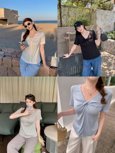 MASISI | V-Neck Twist Loose Slimming Belly-Concealing Womens Plus Size T-Shirt