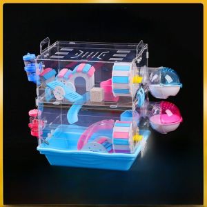 ที่รองhamster Acrylic Villa 3ชั้นพร้อมอุปกรณ์เสริมขนาดใหญ่ 2 ชั้น ที่รองhamsterแบบพับได้สำหรับสัตว์เลี้ยงในบ้าน