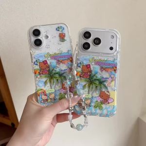 Sanrio | Cartoon Star Black Skin Hello Kitty Cat Shockproof Case for iphone 17 16 15 Pro Max Cute Phone Cover With Chain For Girls Gift