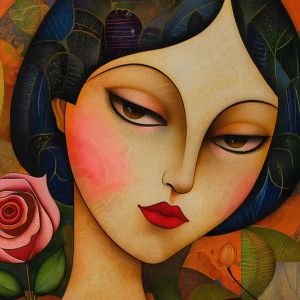 Tranh cô gái và hoa hồng trừu tượng chân dung người.Tranh treo tường dán tường trang trí nội thất.CGI-946