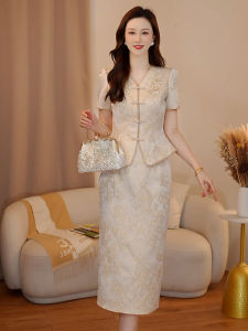 Elegant Chinese Style Wedding Guest Dress Womens Daily Wear High Waist Short Sleeve Floral Handmade Embroidery V-Neck Dress