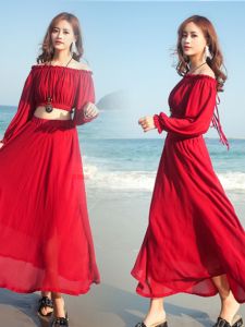 ชุดเดรสยาวเกาะอกสีแดง ชุดสองชิ้น ฤดูร้อน 2023 ชุดเดรสยาวเอวสูง แขนยาว 7 ชิ้น ทรงเอ ชุดไปเที่ยวชายหาด
