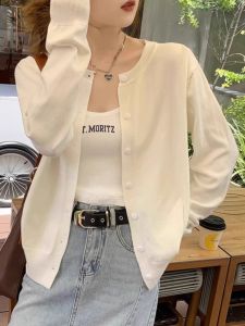 White Long Sleeve Knitted Open Cardigan Womens Early Autumn New Design round Neck Slim Fit Sweater Top Korean Style Commute