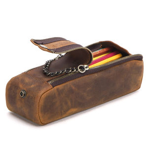 Hiram คุณภาพสูงกระเป๋าดินสอหนังแท้แบบย้อนยุคกล่องดินสอซิปคู่สำหรับเด็กผู้ใหญ่เครื่องเขียนในออฟฟิศเครื่องเขียน