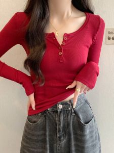 Retro Wine Red U-Neck Slim Fit Long Sleeve T-Shirt Button up Chic Shoulder Ladies Top for Spring And Autumn