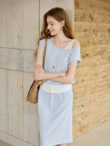 XIANGYING | Blue Cotton Fake Two-Piece Dress
