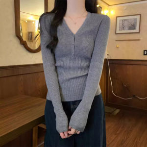 COD Gray v-neck bottoming knitted sweater womens 2025 new spring and autumn high-end slim-fit fashion long-sleeved topGFDAGDA