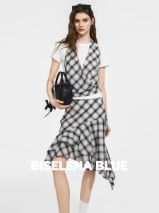 BEIQIANI | Plaid Patchwork Faux Two-piece T-Shirt and Skirt Set
