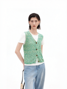 Vintage V-Neck Green Openwork Loose MaJia