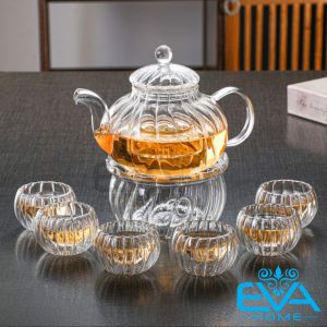 Bộ Ấm 6 Chén 2 Lớp Kèm Đế Đốt Nến Sọc Stripe Thuỷ Tinh Borosilicate Chiu Nhiệt Teapot Set BTHS1