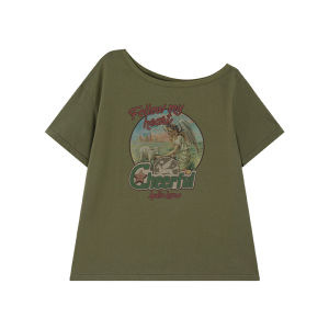NIHAOKANONG | Áo Thun Vintage In Hình Form Rộng Dễ Thương Tùng Vai Tay Ngắn