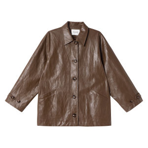 หลวม Fit Retro ปกเสื้อ ปุ่มเดียว ผู้หญิง เสื้อแจ็คเก็ตหนัง ฤดูใบไม้ร่วง 2024 ปืนใหญ่สไตล์ใหม่คุณภาพสูง โพลีเอสเตอร์ ไฟเบอร์ เสื้อโค้ท