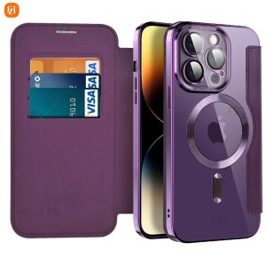 Leather Flip Wallet Magnetic Phone Cases For iPhone 14 13 12 11 15 Pro Max 14 15 Plus MagSafe Case Card Slots Plating Clear Back Cover With Lens Protective Film