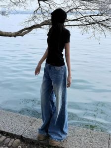 กางเกงยีนส์ขากว้างทรงหลวมเอวต่ำ ทรงตรง ทรงยาวถึงพื้น สีฟ้าอ่อน กางเกงยีนส์ทรงหลวมสำหรับผู้หญิงในช่วงฤดูร้อน