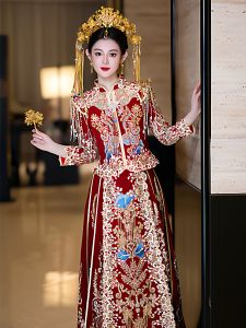 Elegant Chinese Style Wedding Dress for Women New 2025 Show He Fu Wedding Gown Heavy Work Maidservant Wine Offering Ceremony