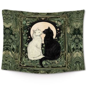 VIKAMA Gothic Đen Trắng Mèo Mặt Trăng Tấm Thảm Bí Ẩn Treo Tường Đậm Thẩm Mỹ Phòng Ngủ Trang Trí Ký Túc Xá Mặt Trăng Mèo Nghệ Thuật Polyester
