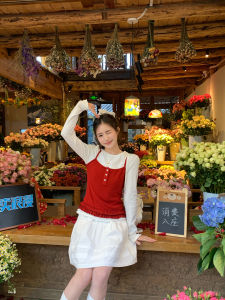 Cozydays Vintage Red Ruffle Trim Camisole Womens Short Style High-End Feeling Layering Top Spring Season Sweet Style Pure Color