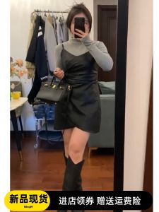 plus Size American Style Spicy Girl Leather Skirt Strap Dress Women Autumn Winter Slimming Concealing Two Piece Set High Waist V Neck Long Sleeve