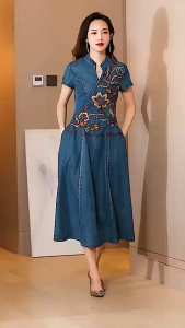Fashion Short-Sleeved Denim Dress for Women New Design Sense Vintage Embroidered Temperament V-neck Short-Sleeved Denim Dress for Women Swing Long Dress