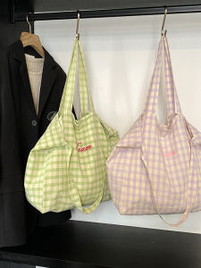 Korean Style Plaid Letter Sweet Shoulder Canvas Tote Bag Large Capacity Commuter Student Casual Fashion Handbag