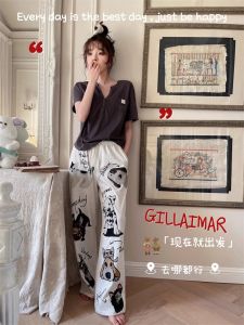 Gill Aimar Spring Summer Womens Sleepwear Set Short Sleeve Long Pants Ruffle Home Clothes Cat Cartoon Print Sweet Style