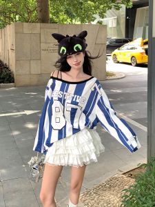 GUZILIAN | American Style Spicy Girl Striped Ball Shirt One Shoulder T-Shirt Women Early Autumn Design Sense Niche Slant Shoulder Loose Casual Top