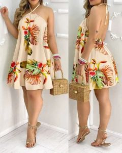 Womens 2026 Tropical Leaf Print Halter Neck Mini Dress Sleeveless Backless A-Line Summer Beach Sundress Casual