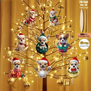 2D plan 8 pieces of Christmas themed wooden jewelry with Chihuahua patterns surprise gifts for holidays such as Christmas