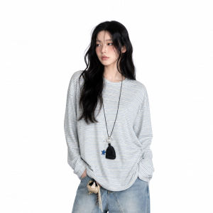 zuocisankon | Relaxed Style Youthful Stripe Round Neck Long Sleeve T-Shirt