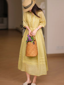 XIAOER | Literary Style Hemp Ramie Multiple Layer Wooden Lace-up Waistband Elbow Sleeve Dress