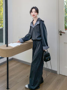 Grey Korean Striped Patchwork Hoodie Set Womens Spring 2025 Casual Wide Leg Pants Two Piece Set Fashionable Student Uniform