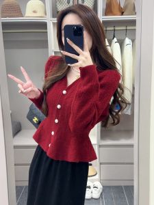 Red V-Neck Knitted Sweater Womens Fashion Slim Fit Short Top Korean Style Commute Pure Color Long Sleeve Autumn Winter New Year