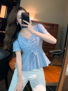 Sweet Elegant Short Sleeve Chiffon Shirt Womens Slim Fit Tummy Covering Top Bubble Sleeve Gathered Waist Flattering Short Length