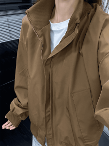 Olive Green Flight Jacket Three Piece Set Mens Autumn Fashion Retro Workwear Short Coat Stand Collar Long Sleeve Pants