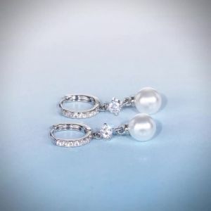 Huitan Màu Bạc Giả Ngọc Trai Tòn Ten Bông Tai Nữ Cổ Điển Cưới Cô Dâu Phụ Kiện Hình Học Đơn Giản Thả Bông Tai