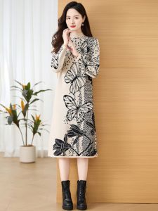 Autumn Winter Womens Mid-Length Knitted Dress Woolen Sweater Loose Waist Regular Sleeve Base Shirt Dress Casual Style
