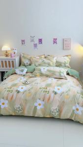 ลมผ้าฝ้ายแท้ชุดสี่ชิ้นหนาแปรงเล็กสดผ้าฝ้ายผ้าปูที่นอนผ้าปูที่นอนผ้าปูที่นอนสไตล์หอพักชุดสามชิ้น