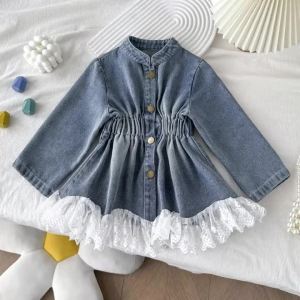 Bear Leader | Bear Leader Korean Version Long Sleeved Patchwork Lace Denim Jacket Plain Casual Blue Single-breasted Girls Clothes