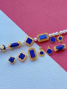 Natural Lapis Lazuli Sunflower Pendant Embedded S925 Antique Silver Gold Plated Jewelry Fashion Accessories Straight Tube Playing Card Spacer